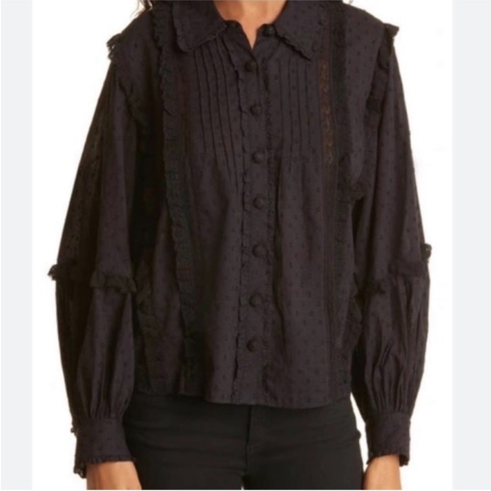 FARM RIO Black Swiss Dot Lace Peasant Victorian Blouse - Picture 5 of 14